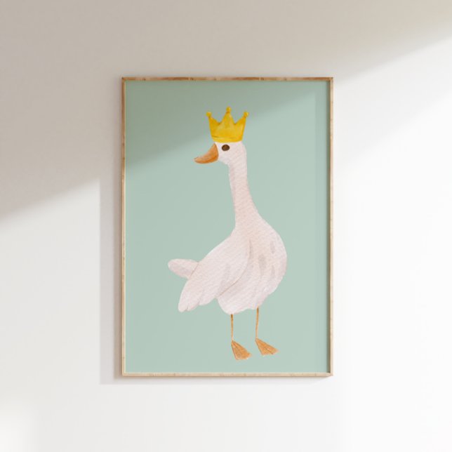 Sage Green Watercolor Albern Gänse Kinderzimmer Poster (A  white goose wearing a golden crown on a sage green background.)