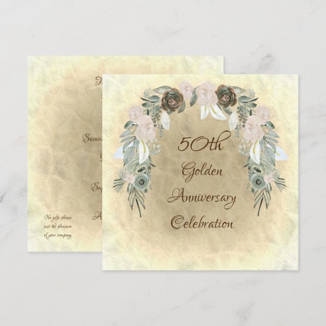 Sage Green Watercolor Blume Goldene Hochzeit Einladung (Vorne/Hinten)