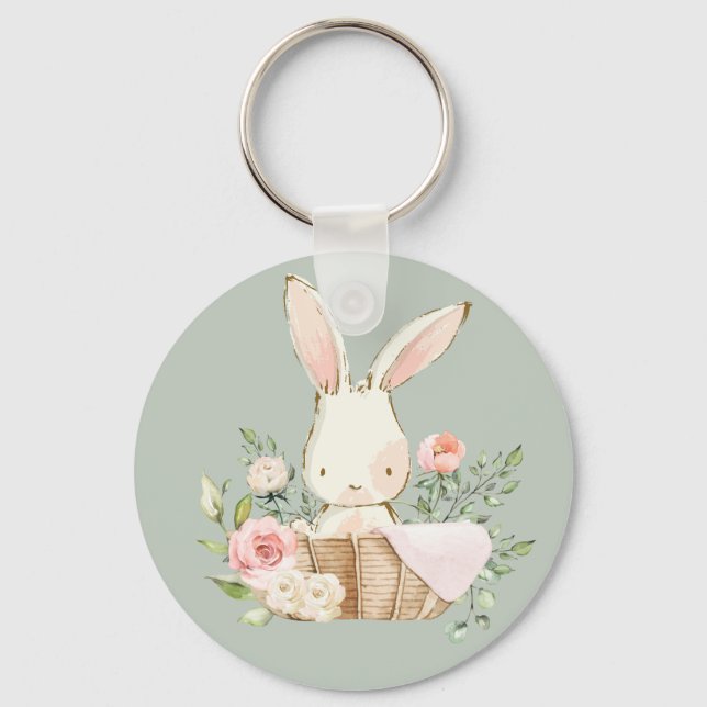 Sage Green Watercolor Bunny Rabbit Woodland Schlüsselanhänger (Vorderseite)