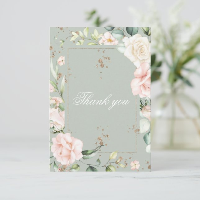 Sage Green Watercolor Floral Quinceñera Dankeskarte (Stehend Vorderseite)
