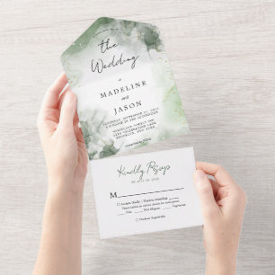 Sage Green Watercolor Gold Splash Hochzeit All In One Einladung