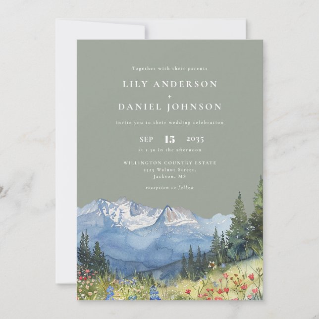 Sage Green Watercolor Mountain Wildblume Hochzeit Einladung (Vorderseite)
