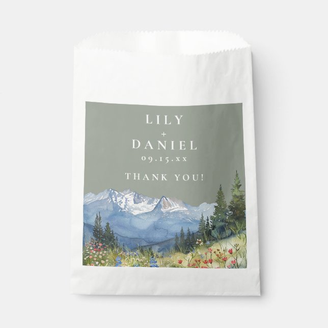 Sage Green Watercolor Mountain Wildblume Hochzeit Geschenktütchen (Vorderseite)