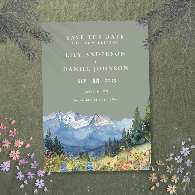 Sage Green Watercolor Mountain Wildblume Hochzeit Save The Date (Sage Green Watercolor Mountain Wildflower Wedding Save The Date)