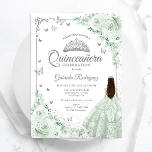 Sage Green Watercolor Rose Silver Quinceanera Einladung