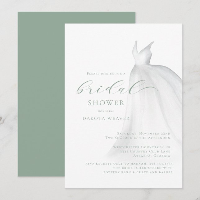Sage Green Watercolor Wedding Dress Brautparty Einladung (Vorne/Hinten)