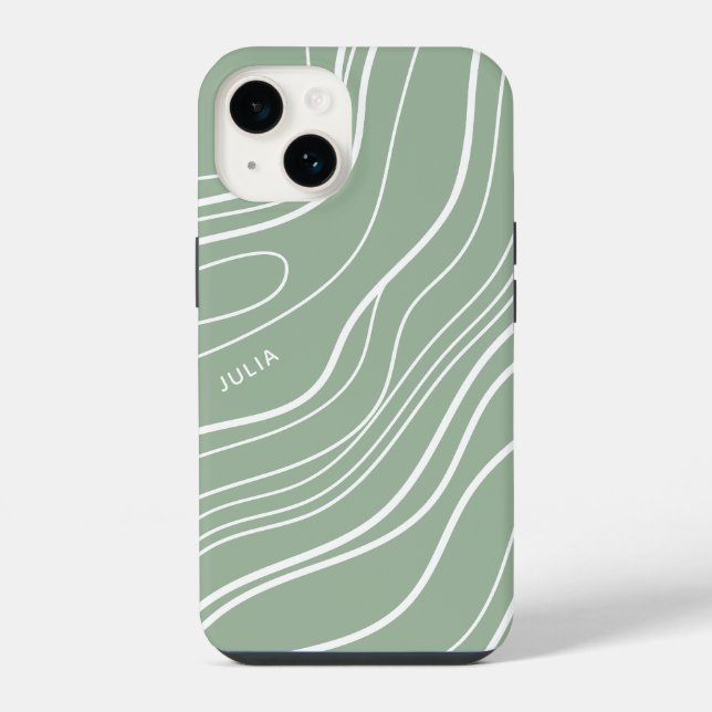 Sage Green Wave Moderne Personalisierte iPhone 14 Hülle (Rückseite)
