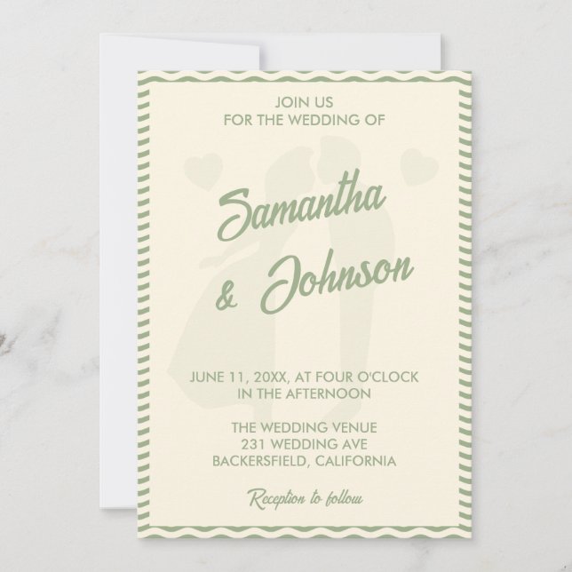 Sage Green Wavy Stripe QR Code Photo Wedding Einladung (Vorderseite)