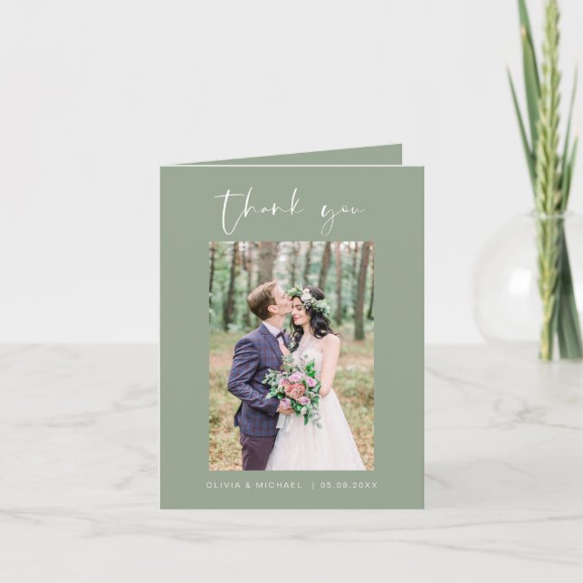 Sage Green Wedding Danke Foto Minimalistisch (Vorderseite)