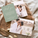 Sage Green Wedding Danke Foto Minimalistisch<br><div class="desc">Hochzeit Dankeschön Karten,  die ein Foto auf der Vorder- und Rückseite haben. Die Dankeschön-Karten enthalten eine moderne,  handgeschriebene,  kursive Schriftzeichen-Typografie,  die elegant,  einfach und modern nach Ihrer Hochzeitsfeier zu benutzen sind.</div>