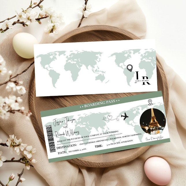 Sage Green Wedding Einladung Boarding Ticket (Von Creator hochgeladen)