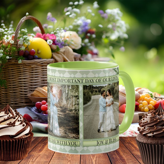 Sage Green Wedding Foto Tasse (Elegant wedding photo mug showing your photos framed by a sage green patterned design with leaves)