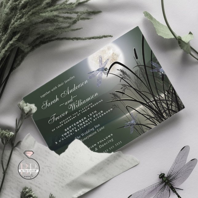 Sage Green Wedding Full Moon Dragonfly Pond Einladung (Von Creator hochgeladen)