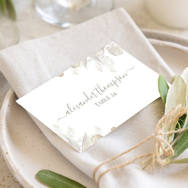 Sage Green Wedding Green Name Platzkarte (Sage green foliage calligraphy script table number card.)