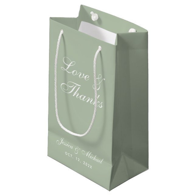 Sage Green Wedding Liebe & Dankeschön Script Einfa Kleine Geschenktüte (Vorderseite Schrägansicht)