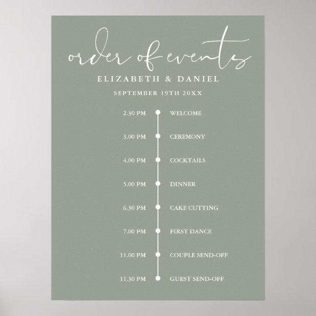 Sage Green Wedding Order Of Events Timeline Sign Poster (Vorne)