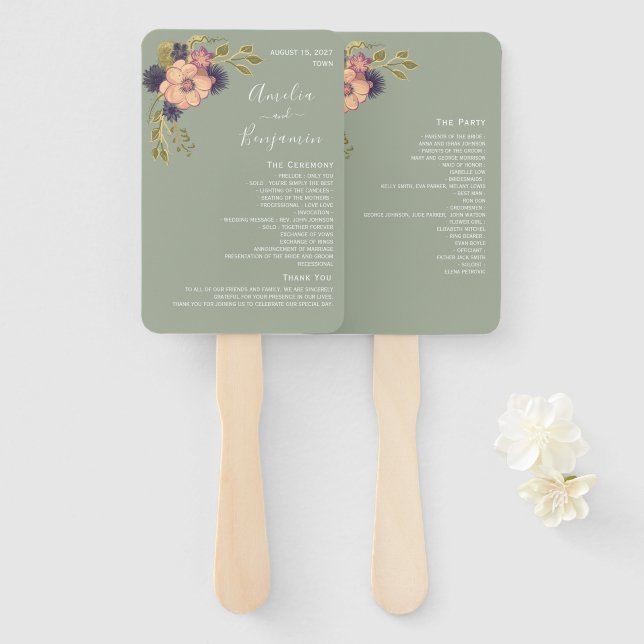 Sage Green Wedding Program Hand Fan Fächer (Vorne und Hinten)