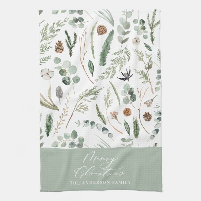 Sage Green Weihnachten minimale botanische Geschirrtuch (Vertikal)