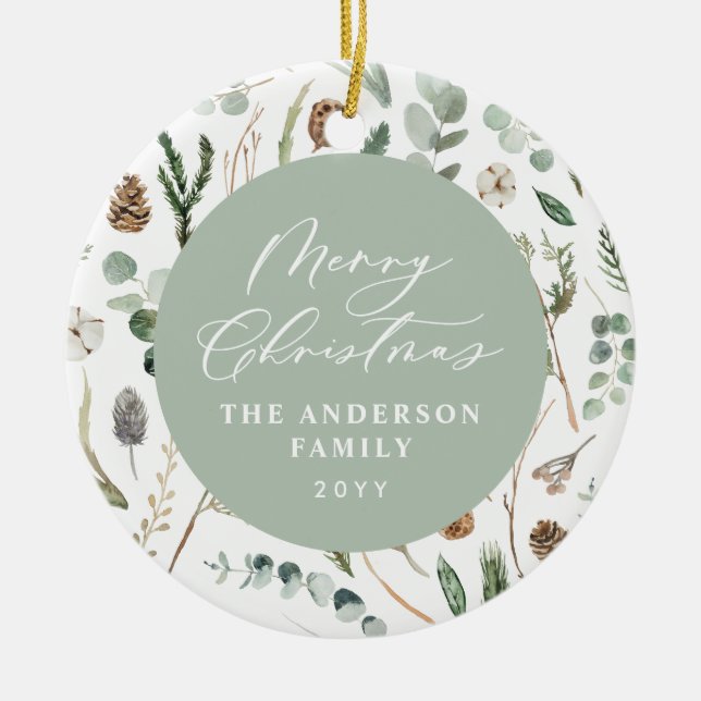 Sage green Weihnachten minimales botanisches Foto Keramik Ornament (Vorne)
