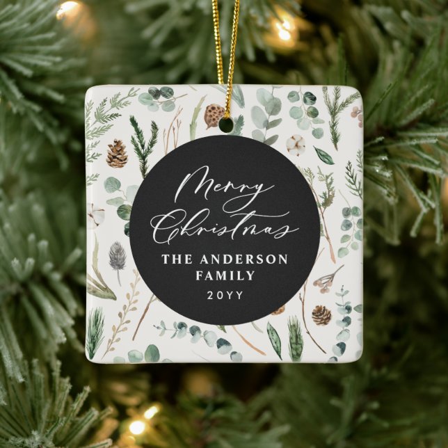 Sage green Weihnachten minimales botanisches Foto Keramikornament (Baum)