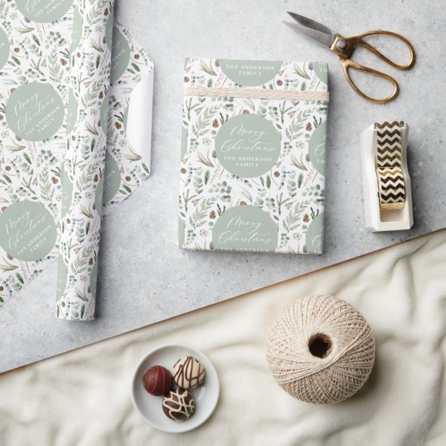 Sage green Weihnachten modern minimalbotanisch Geschenkpapier (Kunsthandwerk)
