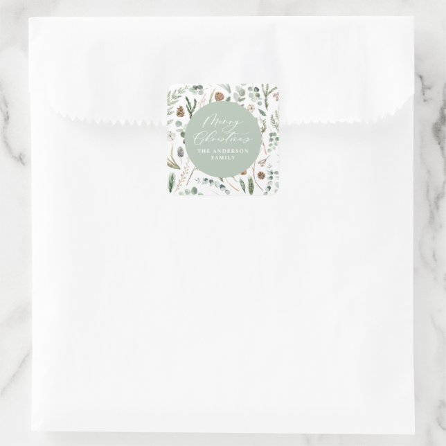 Sage green Weihnachten modern minimalbotanisch Quadratischer Aufkleber (Tasche)