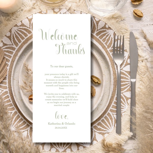 Sage Green Welcome & Thanks Place Setting Cards Programm (Von Creator hochgeladen)
