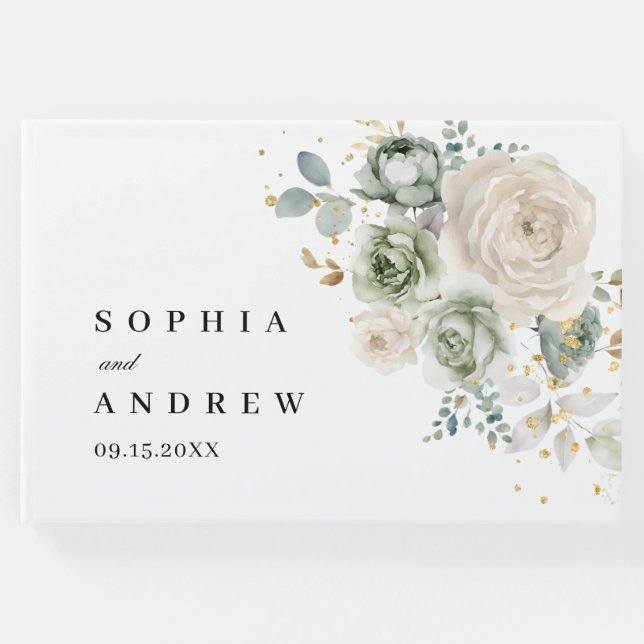 Sage Green & White Blume Wedding Guest Book Gästebuch (Vorderseite)