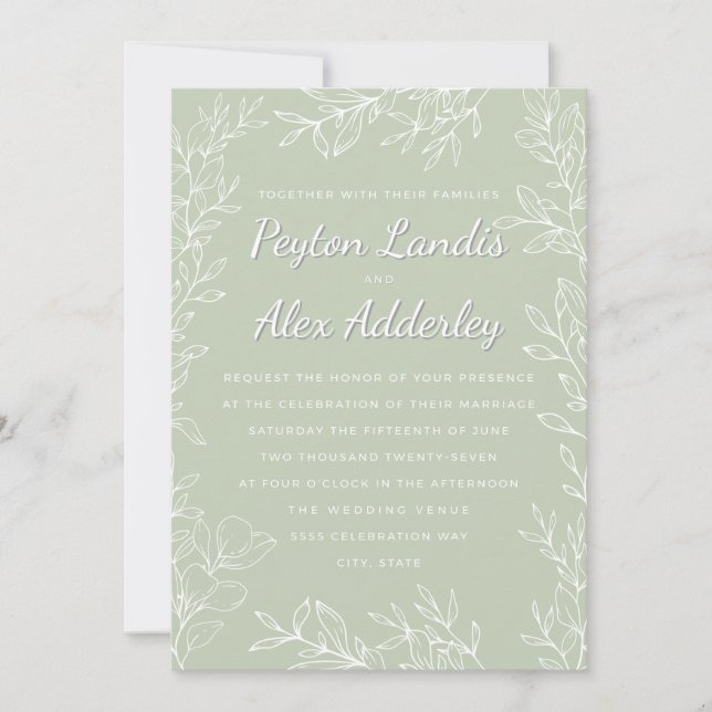 Sage Green White Botanical Line Art Blätter Hochze Einladung (Vorderseite)