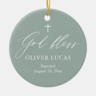 Sage Green White Cross Foto Boy Taufe Ornament