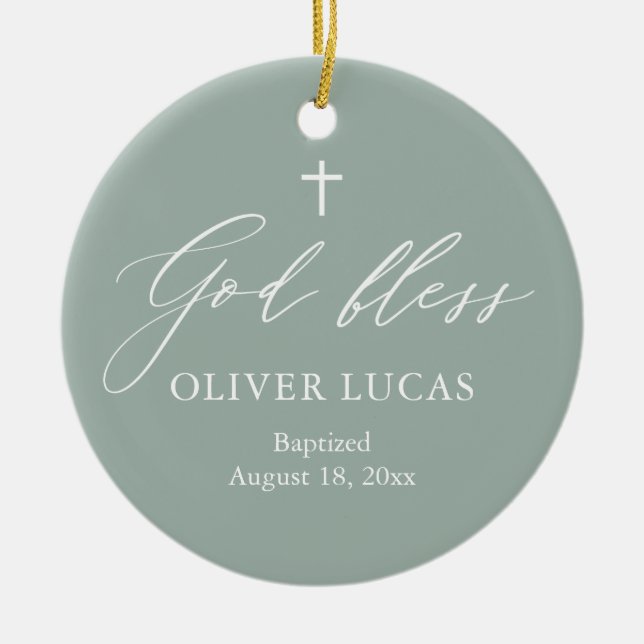 Sage Green White Cross Foto Boy Taufe Ornament (Vorne)