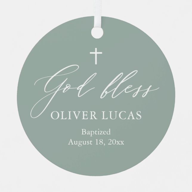 Sage Green White Cross Foto Boy Taufe Ornament (Vorderseite)