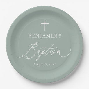 Sage Green White Cross Taufe Party Teller