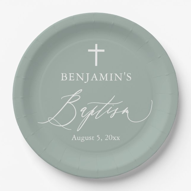 Sage Green White Cross Taufe Party Teller (Vorderseite)