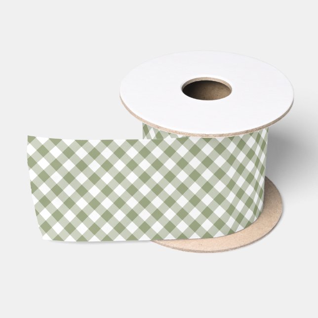 Sage Green White Diagonal Gingham Karos Elegant Satinband (Spule)