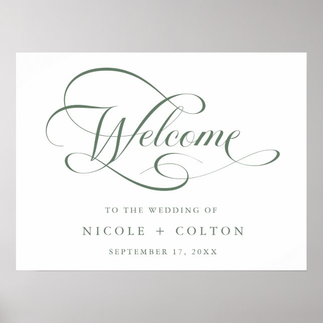 Sage Green & White Elegante Hochzeit Begrüßungszei Poster (Vorne)