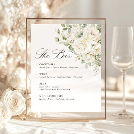 Sage Green White Floral Elegant Wedding Bar Menu Sockelschild