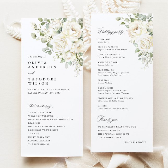 Sage Green White Floral Elegant Wedding Ceremony Programm (Sage green white floral wedding program card, watercolor modern classic order of ceremony stationery)
