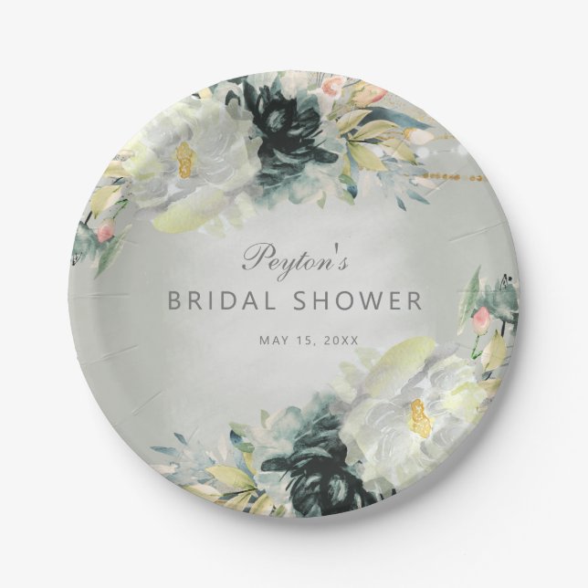 Sage Green White Floral Glitzer Brautparty Pappteller (Vorderseite)
