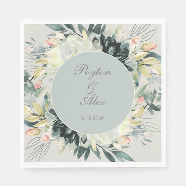 Sage Green White Floral Glitzer Hochzeit Serviette (Vorderseite)