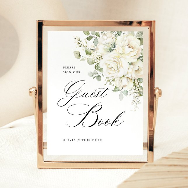 Sage Green White Floral Guest Book Wedding Table Sockelschild (Sage green white floral wedding guest book sign, watercolor roses frame sign for reception table)