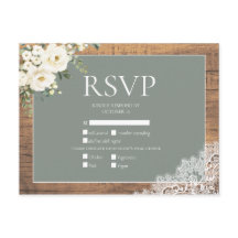 Sage Green White Floral Lace Wood Wedding RSVP