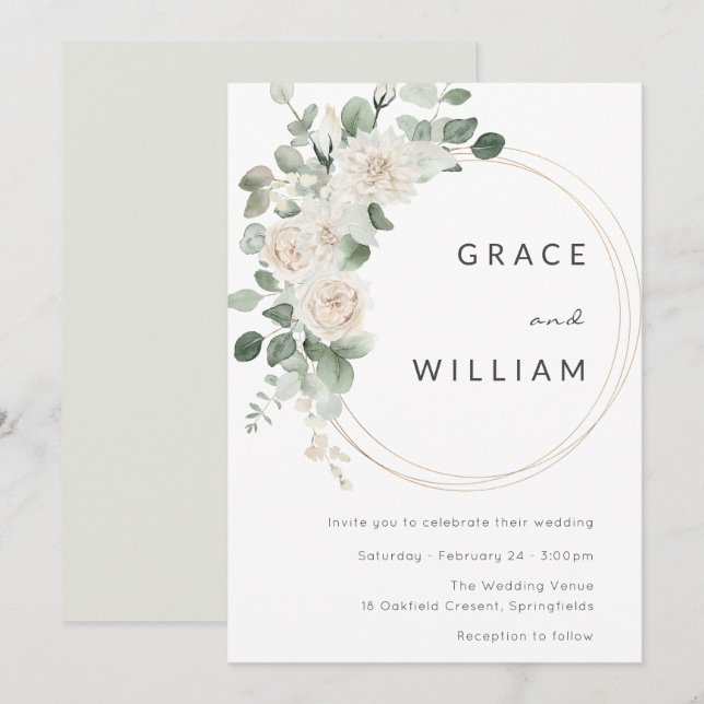 Sage Green White Floral Moderne Hochzeit Einladung (Vorne/Hinten)