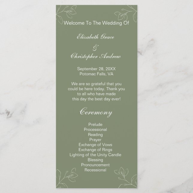 Sage Green White Floral Programme de mariage botan (Devant)