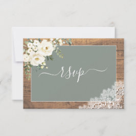 Sage Green White Floral Script Lace Wood UAWG RSVP Karte
