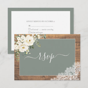 Sage Green White Floral Script Lace Wood UAWG RSVP Karte