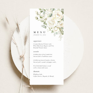 Sage Green White Floral Watercolor Wedding Dinner Menükarte