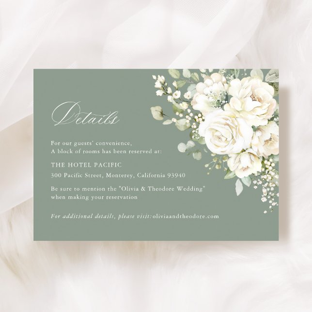 Sage Green White Floral Wedding Accommodation Begleitkarte (Sage green white floral wedding accommodation details card, watercolor greenery enclosure card)