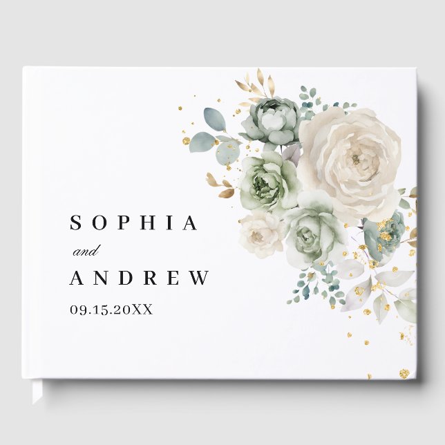 Sage Green & White Flowers Mariage Livre d'invité (Recto)