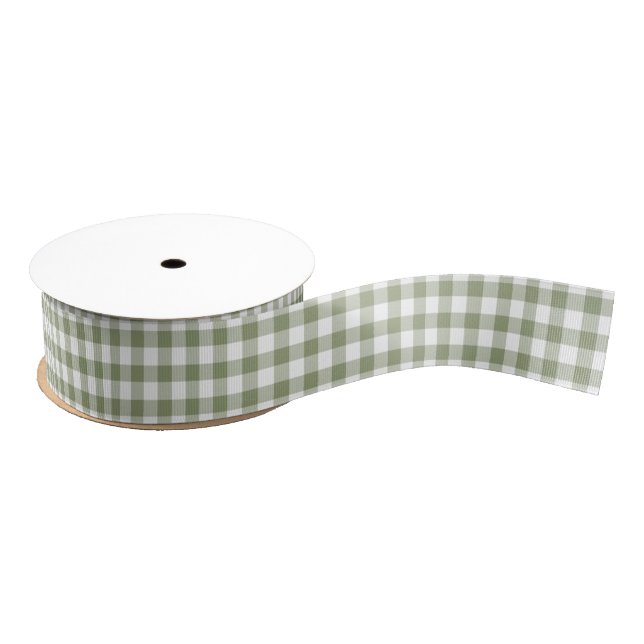 Sage Green White Gingham Karos Pattern Elegant Ripsband (Spule)